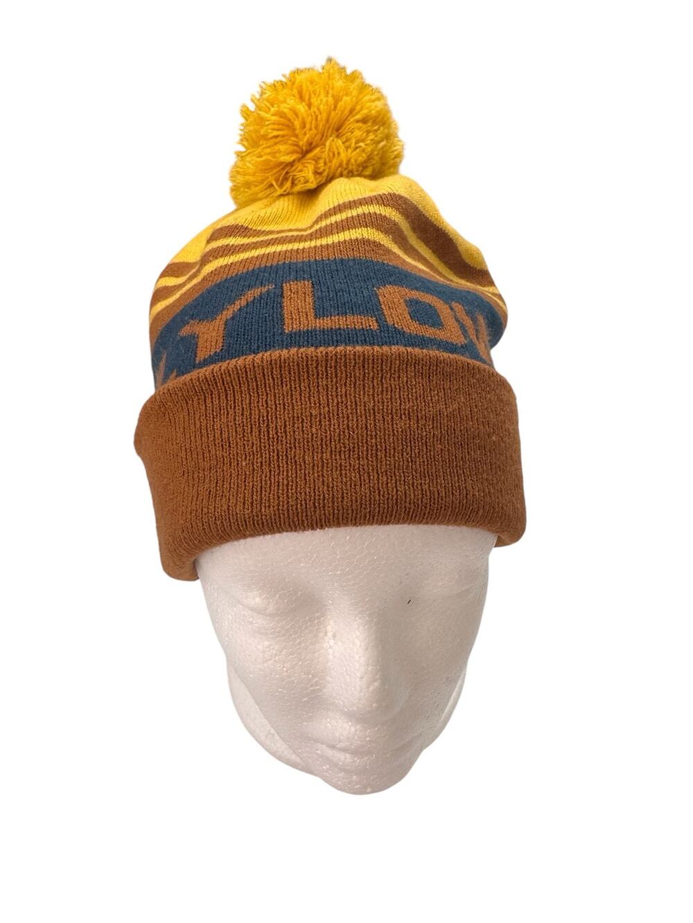 FLYLOW OG Pom Hat Beanie Brown Yellow Blue One Size Adults Acrylic